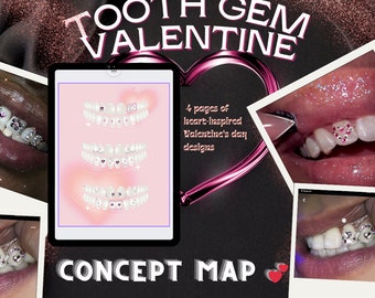 Mapa conceptual de gemas dentales inspiradas en forma de corazón de San Valentín, 12 diseños 4 páginas, negocio de gemas dentales, descarga digital de gemas dentales, ideas de gemas dentales