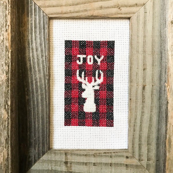 Buffalo Check Joy Deer Antlers Christmas Cross Stitch Pattern - Little Square Garden Modern Cross Stitch PDF - Instant Download