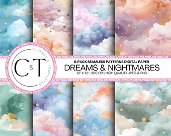 Dreams And Nightmares Seamless Patterns Bundle | Seamless Patterns | 8-Pack | Scrapbooking | Personal & Commercial Use | Instant Download