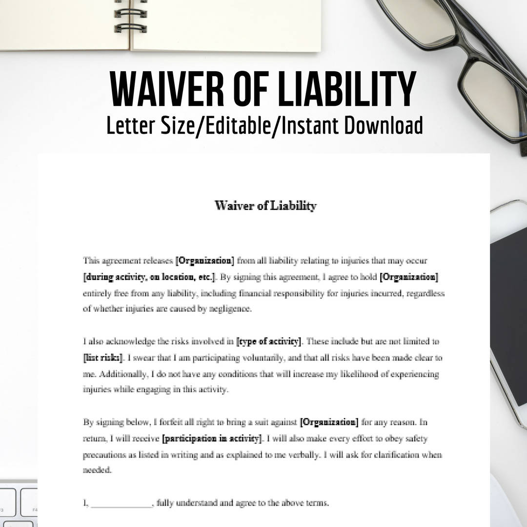 waiver of liability fully customizable printable instant etsy