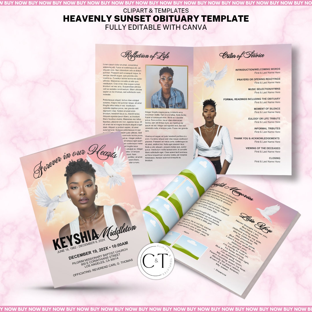 Heavenly Sunset Obituary Template Editable Funeral Program Instant