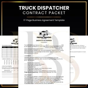 May include: A black and gold contract packet titled "Truck Dispatcher Contract Packet" with the Freight Mavens Dispatching logo. The 17-page business agreement template includes text and a document layout.