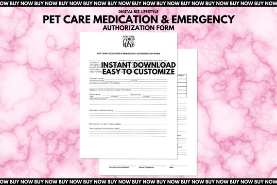 Pet Care Medication &amp; Emergency Authorization Form Pet - Etsy