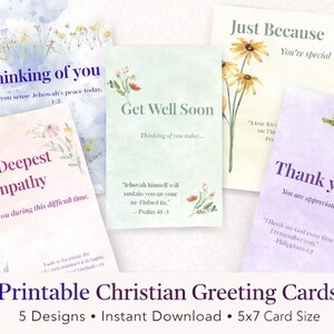 Peut inclure: Ensemble de cartes de vœux chrétiennes imprimables avec des motifs floraux. Les cartes présentent des messages tels que « Pensant à vous », « Rétablissez-vous vite » et « Merci ». Les cartes mesurent 12,7 x 17,8 cm.