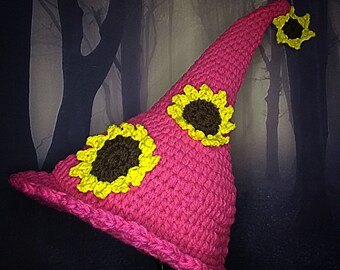 Sunflower witch hat, pink witch hat, crocheted witch hat, handmade witch hat