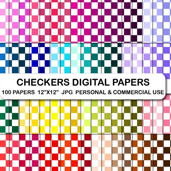 100 Checkered Digital Papers Pack, Checkerboard Printable Paper, Checkers Scrapbook Digital Papers Backgrounds, Card Making, Scrapbooking