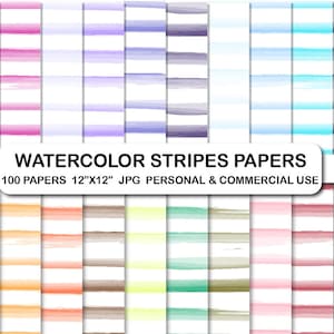 100 Watercolor Stripes digital paper set, Striped pattern water colour papers, Watercolor horizontal stripes background scrapbook papers