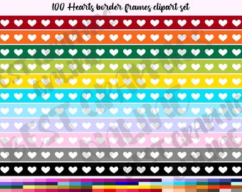 100 Hearts Frames Clipart, Lovely Hearts Borders Clip Art, Clipart Borders Rainbow Colors, Heart Garland Valentine Borders Clip Art Set