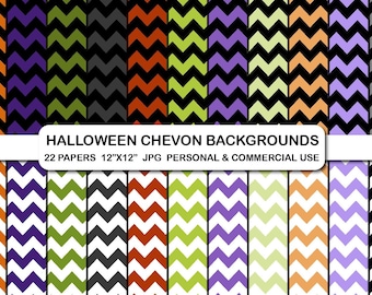 Halloween Chevron Digital Paper Pack, Orange Purple Green Black Scrapbook Backgrounds (Digital Download)