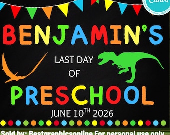 Cartel de pizarra de dinosaurios para la vuelta al cole, cartel de dinosaurios para el último día de clase, pizarra imprimible de dinosaurios para el último día de clase, plantilla de Canva