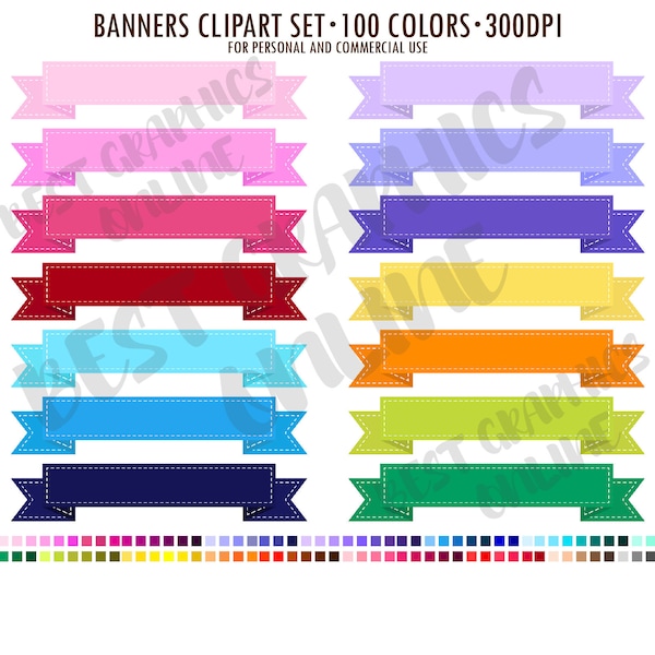 100 Banners clipart set, Rainbow ribbon banner clipart, Rainbow banners, Label frame clipart, Ribbon banner clip art, 100 Banner graphics