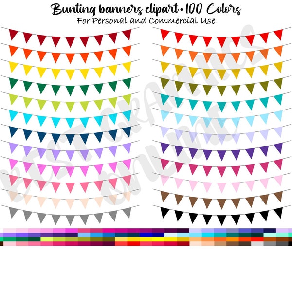 100 Flag Bunting Banners Clip Art Set, Party Flags Bunting Banner Clip Art, Printable Party Banner Clipart Set, Rainbow Banners