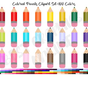 Set di 100 matite clipart, adesivi per pianificatori di forniture artistiche per il ritorno a scuola, clip art di forniture scolastiche di matite, clipart di pianificatori di matite colorate