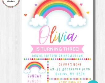 Plantilla de Canva para invitaciones de cumpleaños con temática de arcoíris, invitación de cumpleaños con arcoíris, invitación imprimible digital con estrellas coloridas de arcoíris para niñas.