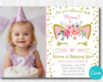 Invitación de cumpleaños para gatitos, invitación de cumpleaños con temática de gatos en Canva, invitación de fiesta de adopción de mascotas, niña de cumpleaños con temática de gatitos