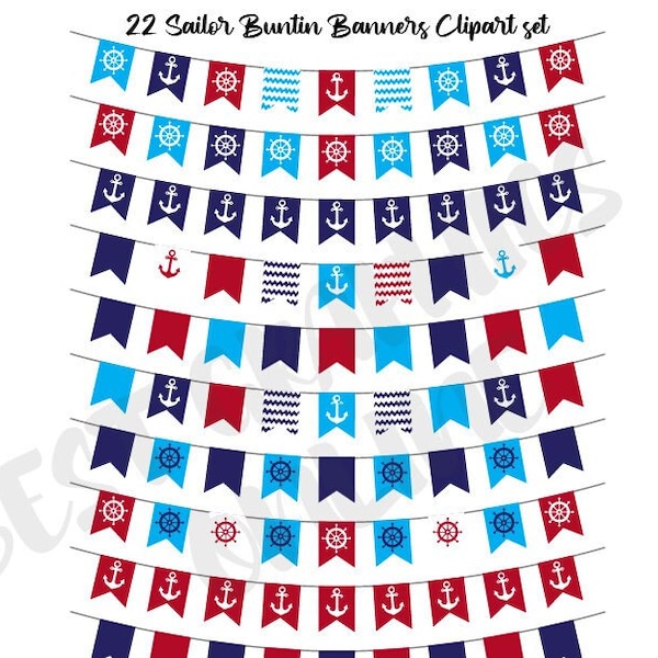 Nautical bunting banners clipart, Sailor banner clipart set, Party Flags Bunting Banner Clip Art, Nautical Printable Party Banner Clipart