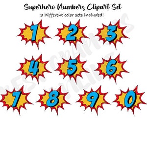 Superhelden Zahlen Clipart, Cartoon Zahlen Clipart-Set, Gelbe und Rote Superhelden Zahlen, Rosa Superhelden Zahlen, Comic Buch Zahlen Clipart
