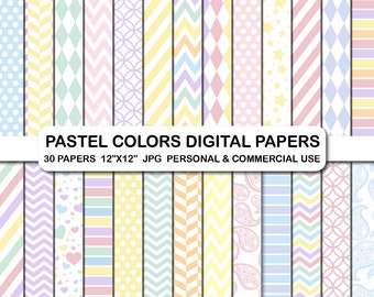Może przedstawiać: Kolekcja cyfrowych papierów w pastelowych kolorach z różnymi wzorami, w tym kropkami, paskami i kształtami geometrycznymi. Widoczny jest tekst "PASTEL COLORS DIGITAL PAPERS" oraz wymiary 30,48 cm x 30,48 cm.
