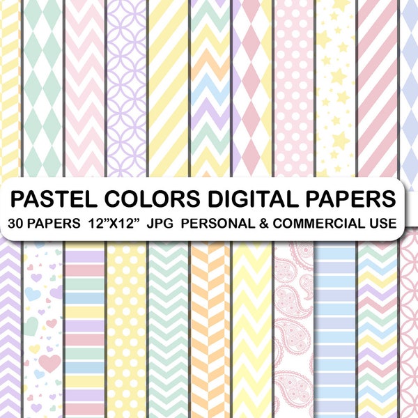 30 Pastel Rainbow Colors Digital Papers, Light Colors Pattern Papers, Light Rainbow Shades Background Papers, Pastels Digital Papers Set