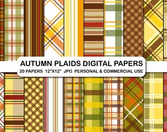 May include: A collection of 20 digital papers with autumn plaid patterns in various designs. The papers feature warm colors like yellow, orange, brown, and green. Each paper is 12"x12" and suitable for personal and commercial use.