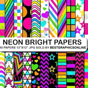 Peut inclure: Une collection de papiers néon brillants avec divers motifs géométriques, notamment des étoiles, des cœurs et des rayures. Les papiers mesurent 30,48 cm x 30,48 cm et présentent des couleurs vives comme le rose, le jaune, le vert et le violet. Le texte sur l'image indique "NEON BRIGHT PAPERS".