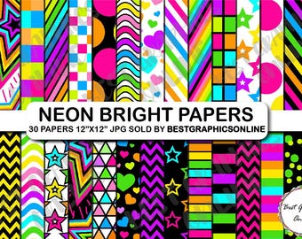 Paquete de papel digital neón de los 90, fondos arcoíris (descarga digital)