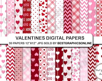 Valentinstag Digital Paper Pack, Herzen, XOXO (Digitaler Download)