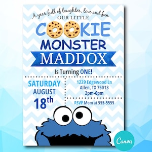 Canva Template Cookie Street First Birthday Invitation, Monster First Birthday Invitation, Cookie Monster Invitation
