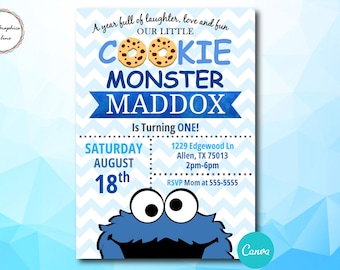 Plantilla de Canva para invitación de primer cumpleaños de Cookie Street, invitación de primer cumpleaños de Monster, invitación de Cookie Monster
