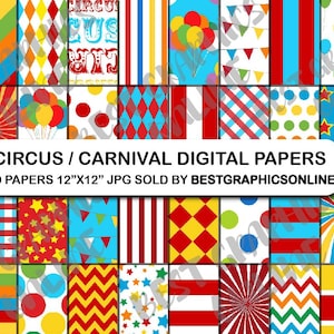 Peut inclure: Ensemble de 40 papiers numériques sur le thème du cirque et du carnaval. Les papiers présentent des motifs variés : rayures, pois, losanges, étoiles et tentes de cirque. Chaque papier mesure 30,48 cm x 30,48 cm et est vendu par BestGraphicsOnline.