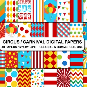 Papeles digitales de circo, papeles digitales de carnaval, papel de fondo digital de carpa de circo, conjunto de papeles digitales con patrón rojo y azul de carnaval