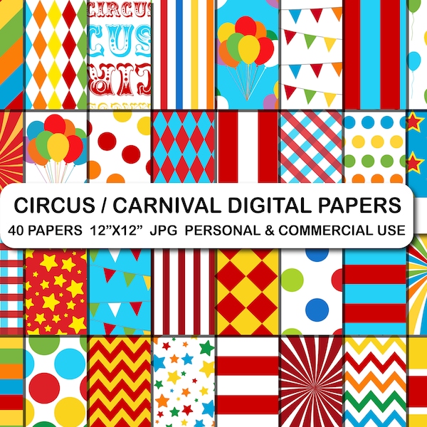 Papiers numériques de cirque, papiers numériques de carnaval, papier de fond numérique de tente de cirque, ensemble de papier numérique à motif rouge et bleu de carnaval