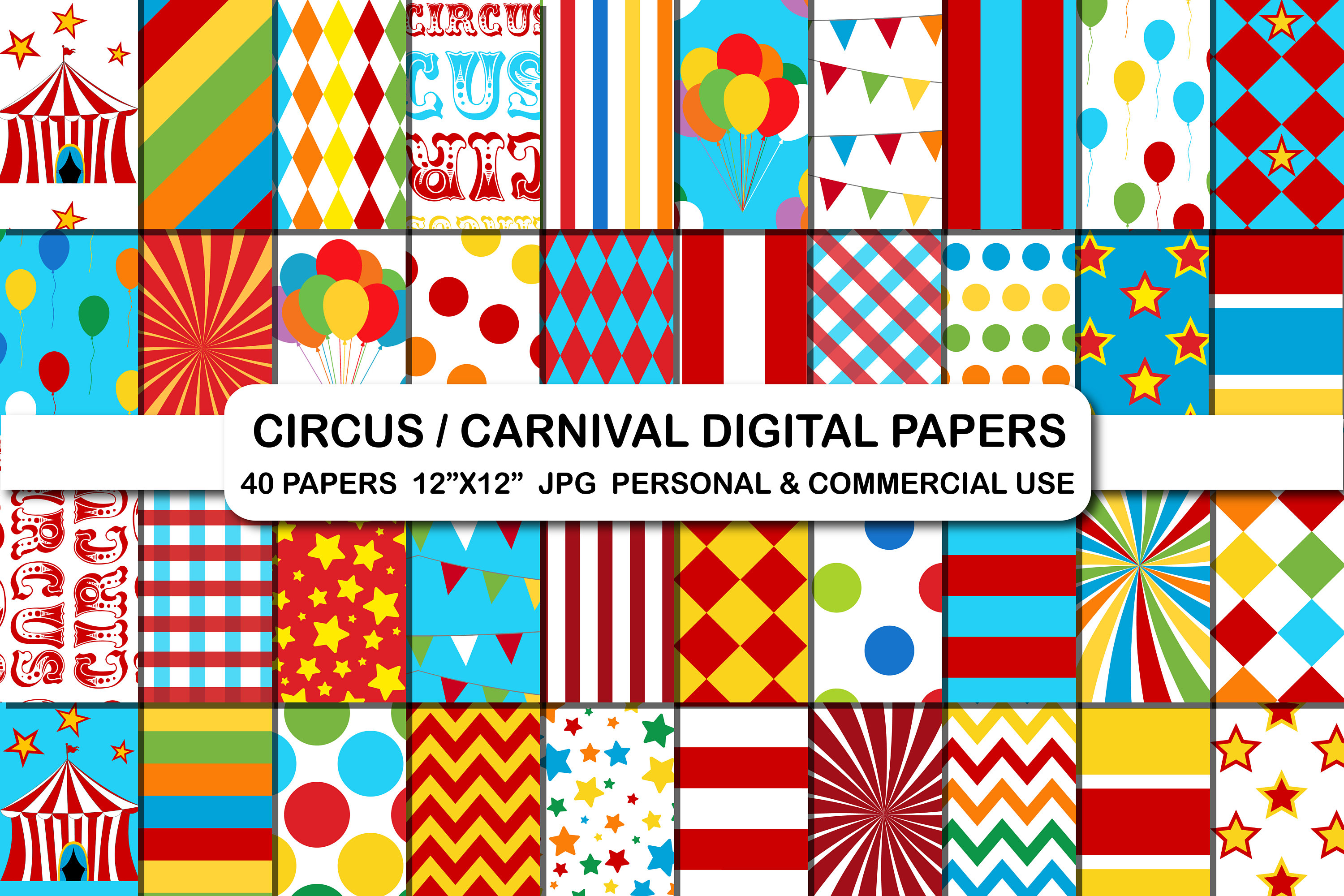 Circus digital papers, Carnival digital papers, Circus tent digital background paper, Carnival red and blue pattern digital paper set