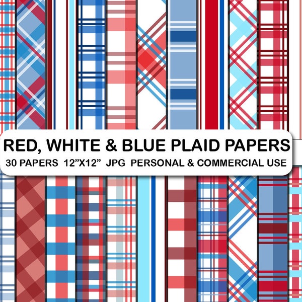 Red White and Blue Plaid Digital Papers, USA Patriotic Plaid Digital Papers, Red White and Blue Backgroud Pattern Digital Papers, July 4th