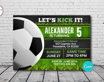 Plantilla editable de Canva para invitación de cumpleaños de fútbol, invitación de fútbol, invitación de fútbol infantil, descarga instantánea. Invitación de fútbol "Let's Kick it" 5x7".
