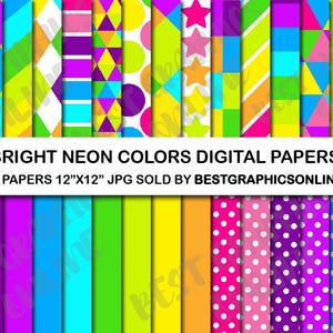 Op de afbeelding: Een verzameling heldere neon digitale papieren met diverse patronen, waaronder sterren, strepen en stippen. De afbeelding bevat de tekst "BRIGHT NEON COLORS DIGITAL PAPERS" en "34 PAPIEREN 30,48cm x 30,48cm JPG SOLD BY BESTGRAPHICSONLINE".