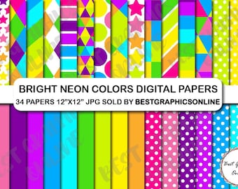 Paquete de papeles digitales neón brillante, colores primarios intensos, 34 archivos JPG (descarga digital)