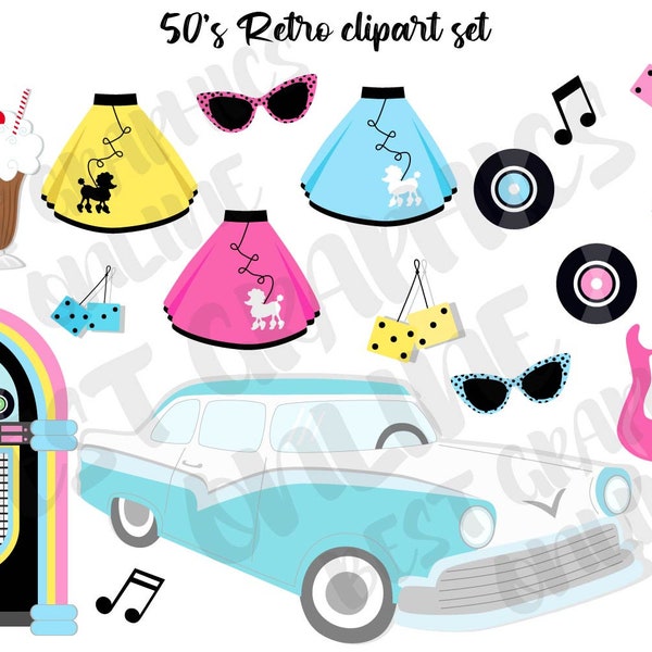 50's Retro Vintage Clipart, Vinyl Record Clipart, 50s Clipart Set, Retro Diner Fifties Clipart, 50s Sock Hop Party Clipart, Fifties Clip art