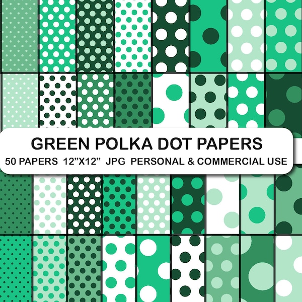 Green Polka Dot Digital Paper Pack, Saint Patricks Green Dot Digital Papers, Green St Pattys Polka Dots Background Pattern Paper