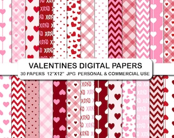 Valentine&#39;s Day Digital Papers, Love Digital Paper Pack, Valentines Day Patter Papers, Valentine&#39;s Day Scrapbook Pattern Papers Pack Set