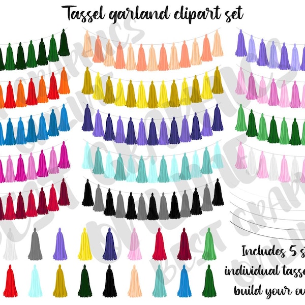 Tassel Garland Clipart Set, Rainbow Tassel Clipart, Fringe Garland Clipart Bundle, Digital Clip Art Garland Banner, Digital Scrapbooking