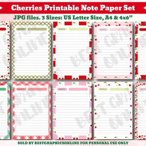 Op de afbeelding: Een set van tien printbare notitiepapiervellen met diverse kersenthema-randen, waaronder rode, roze en groene patronen. Elk vel bevat horizontale lijnen en een koptekstvak met het label NOTES. De tekst luidt Cherries Printable Note Paper Set, JPG files. 3 Sizes: US Letter Size, A4 & 4x6 inches.