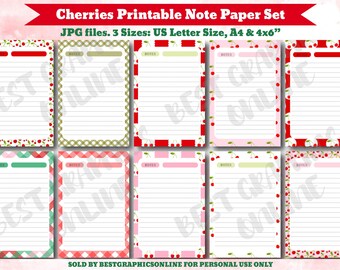 Papel de notas imprimible con cerezas, juego de papeles para escribir, páginas para cuaderno, páginas de notas rayadas, paquete de papelería para bloc de notas imprimible, páginas para diario