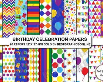 Può includere: Una collezione di 20 carte colorate per feste di compleanno, ciascuna di 30,48 cm x 30,48 cm. I disegni includono palloncini, regali e motivi geometrici, con la scritta "Buon Compleanno". Venduto da BestGraphicsOnline.