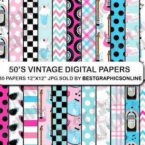 Könnte beinhalten: Eine Sammlung digitaler Vintage-Papiere aus den 50er Jahren mit verschiedenen Mustern. Die Designs umfassen Schachbrettmuster, Noten, Gitarren, Jukeboxen und Milchshakes. Die Papiere sind 30,48 cm x 30,48 cm groß und haben eine Retro-Farbpalette.