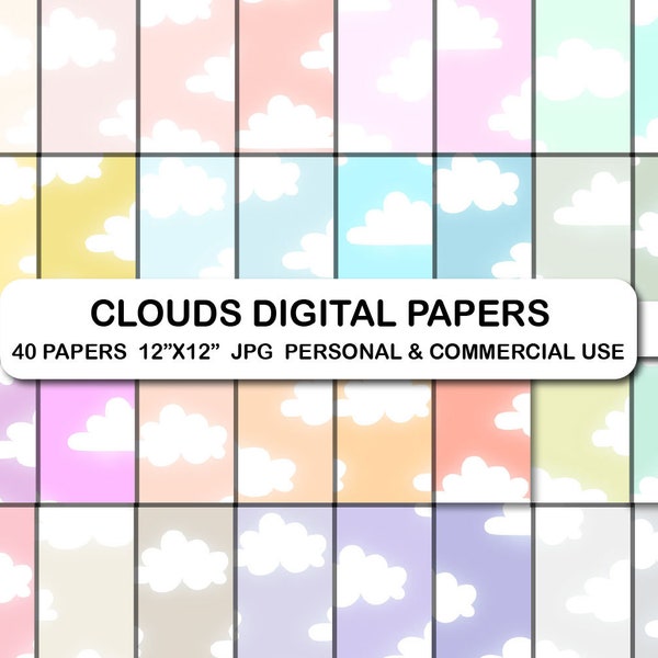 Clouds digital paper, Sunny sky digital papers set, Cloud sky pattern papers, Cloudy sky digital background pattern paper, Cloud pattern