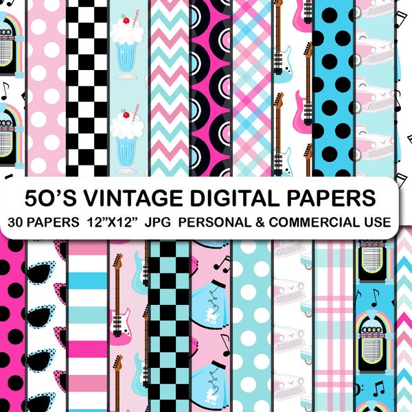 50's Pattern Scrapbook Digital Papers, 50s Digital Papers, Vintage 50s Background Papers, Sock Hop Party Digital Papers, 50's Diner Clipart