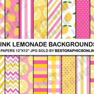 Puede incluir: Una colección de 20 papeles digitales con patrones rosas, amarillos y blancos. Los diseños incluyen rayas, lunares, rodajas de limón y líneas diagonales. Se muestra el texto "PINK LEMONADE BACKGROUNDS", junto con el tamaño y la información del vendedor.