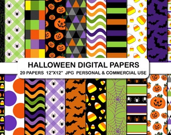 Halloween Digital Papers, Bats, Spiders, Pumpkins (Digital Download)