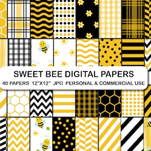 Sweet bee digital paper, Honey bee yellow digital papers set, Bees pattern papers, Bumble bee digital background pattern paper, Bee pattern